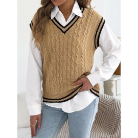 Autumn Winter College Contrast Color V neck Twist Sleeveless Vest Sweater Women Clothing