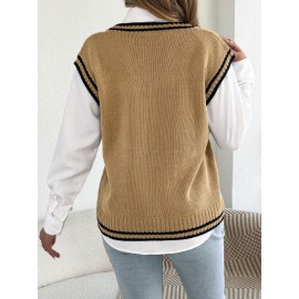Autumn Winter College Contrast Color V neck Twist Sleeveless Vest Sweater Women Clothing