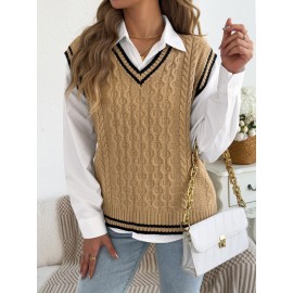 Autumn Winter College Contrast Color V neck Twist Sleeveless Vest Sweater Women Clothing