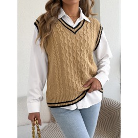 Autumn Winter College Contrast Color V neck Twist Sleeveless Vest Sweater Women Clothing