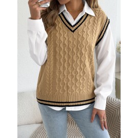 Autumn Winter College Contrast Color V neck Twist Sleeveless Vest Sweater Women Clothing