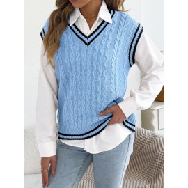 Autumn Winter College Contrast Color V neck Twist Sleeveless Vest Sweater Women Clothing