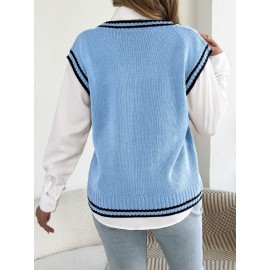 Autumn Winter College Contrast Color V neck Twist Sleeveless Vest Sweater Women Clothing