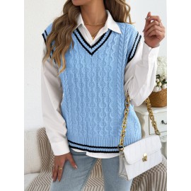 Autumn Winter College Contrast Color V neck Twist Sleeveless Vest Sweater Women Clothing