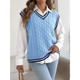 Autumn Winter College Contrast Color V neck Twist Sleeveless Vest Sweater Women Clothing