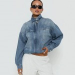 Retro Stand Collar Jacket Loose Wash Denim Women Long Sleeved Coat