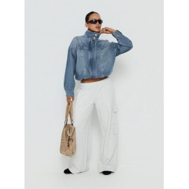 Retro Stand Collar Jacket Loose Wash Denim Women Long Sleeved Coat