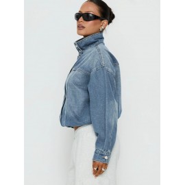 Retro Stand Collar Jacket Loose Wash Denim Women Long Sleeved Coat