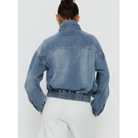 Retro Stand Collar Jacket Loose Wash Denim Women Long Sleeved Coat