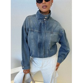 Retro Stand Collar Jacket Loose Wash Denim Women Long Sleeved Coat