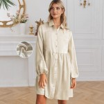 Solid Color Single Row Multi Buckle Shirt Dress Women Trend Satin Collared Dress