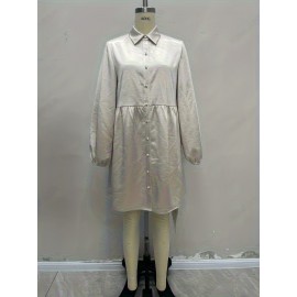 Solid Color Single Row Multi Buckle Shirt Dress Women Trend Satin Collared Dress