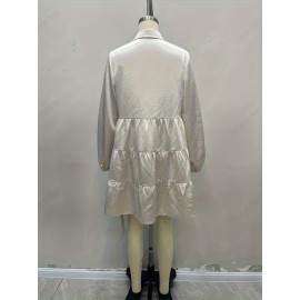 Solid Color Single Row Multi Buckle Shirt Dress Women Trend Satin Collared Dress