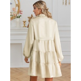 Solid Color Single Row Multi Buckle Shirt Dress Women Trend Satin Collared Dress