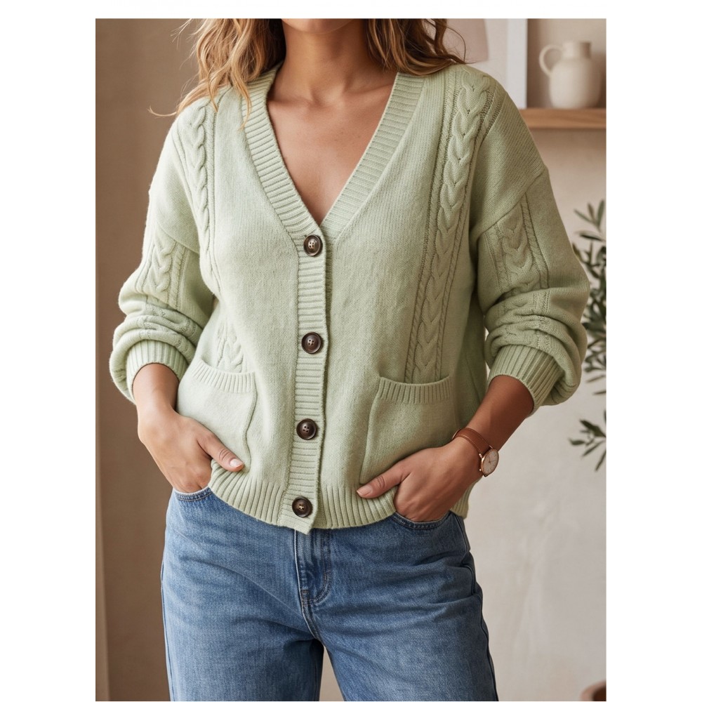 Autumn Winter Women Twisted Knitted Cardigan V neck Long Sleeve Button Sweater Coat with Pockets