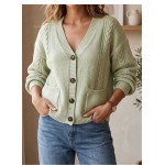 Autumn Winter Women Twisted Knitted Cardigan V neck Long Sleeve Button Sweater Coat with Pockets