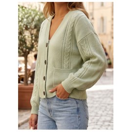 Autumn Winter Women Twisted Knitted Cardigan V neck Long Sleeve Button Sweater Coat with Pockets