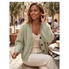 Autumn Winter Women Twisted Knitted Cardigan V neck Long Sleeve Button Sweater Coat with Pockets