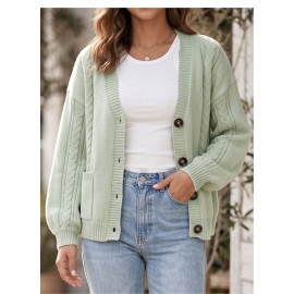 Autumn Winter Women Twisted Knitted Cardigan V neck Long Sleeve Button Sweater Coat with Pockets