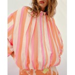 Women Clothing Stand Collar Long Sleeve Striped Bomber Jacket