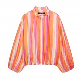 Women Clothing Stand Collar Long Sleeve Striped Bomber Jacket