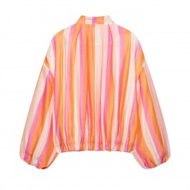 Women Clothing Stand Collar Long Sleeve Striped Bomber Jacket