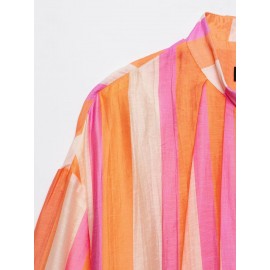 Women Clothing Stand Collar Long Sleeve Striped Bomber Jacket