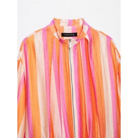Women Clothing Stand Collar Long Sleeve Striped Bomber Jacket