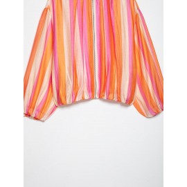 Women Clothing Stand Collar Long Sleeve Striped Bomber Jacket