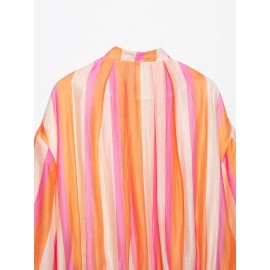 Women Clothing Stand Collar Long Sleeve Striped Bomber Jacket