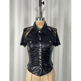 Slim Corset Gothic Punk Lace Stitching Cuff Faux Leather Jacket Button Shirt