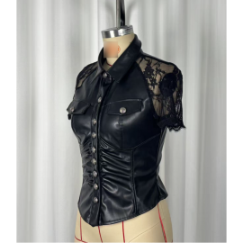 Slim Corset Gothic Punk Lace Stitching Cuff Faux Leather Jacket Button Shirt
