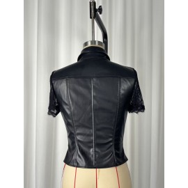 Slim Corset Gothic Punk Lace Stitching Cuff Faux Leather Jacket Button Shirt