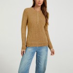Autumn Winter round Neck Women Long Sleeve Slim Fit Buttoned Sunken Stripe Idle Sweaters Bottoming Shirt Outer Wear