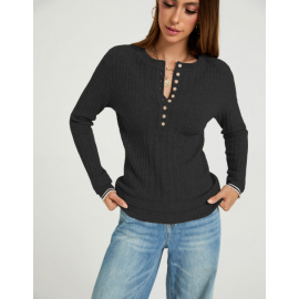 Autumn Winter round Neck Women Long Sleeve Slim Fit Buttoned Sunken Stripe Idle Sweaters Bottoming Shirt Outer Wear