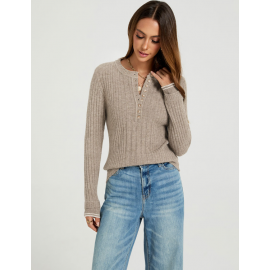 Autumn Winter round Neck Women Long Sleeve Slim Fit Buttoned Sunken Stripe Idle Sweaters Bottoming Shirt Outer Wear