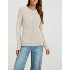 Autumn Winter round Neck Women Long Sleeve Slim Fit Buttoned Sunken Stripe Idle Sweaters Bottoming Shirt Outer Wear