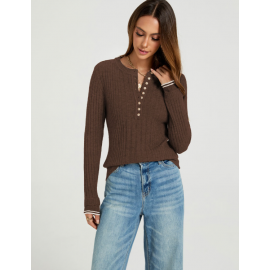 Autumn Winter round Neck Women Long Sleeve Slim Fit Buttoned Sunken Stripe Idle Sweaters Bottoming Shirt Outer Wear