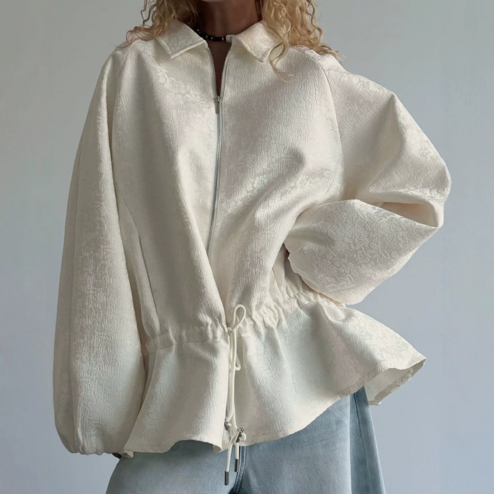 Apricot Texture Jacquard Waist Trimming Short Coat Women Spring Autumn Lantern Sleeve Drawstring Slimming High Sense Loose Jacket