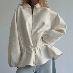 Apricot Texture Jacquard Waist Trimming Short Coat Women Spring Autumn Lantern Sleeve Drawstring Slimming High Sense Loose Jacket
