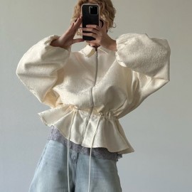 Apricot Texture Jacquard Waist Trimming Short Coat Women Spring Autumn Lantern Sleeve Drawstring Slimming High Sense Loose Jacket