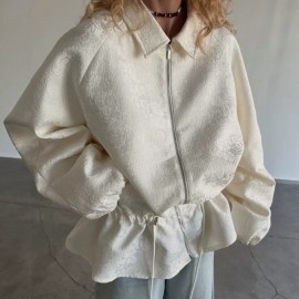 Apricot Texture Jacquard Waist Trimming Short Coat Women Spring Autumn Lantern Sleeve Drawstring Slimming High Sense Loose Jacket
