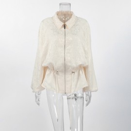 Apricot Texture Jacquard Waist Trimming Short Coat Women Spring Autumn Lantern Sleeve Drawstring Slimming High Sense Loose Jacket