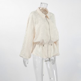 Apricot Texture Jacquard Waist Trimming Short Coat Women Spring Autumn Lantern Sleeve Drawstring Slimming High Sense Loose Jacket