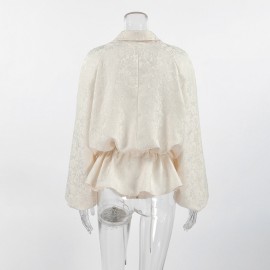 Apricot Texture Jacquard Waist Trimming Short Coat Women Spring Autumn Lantern Sleeve Drawstring Slimming High Sense Loose Jacket