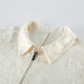 Apricot Texture Jacquard Waist Trimming Short Coat Women Spring Autumn Lantern Sleeve Drawstring Slimming High Sense Loose Jacket