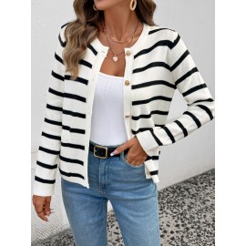 Casual Black White Striped round Neck Sweater Cardigan