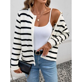 Casual Black White Striped round Neck Sweater Cardigan