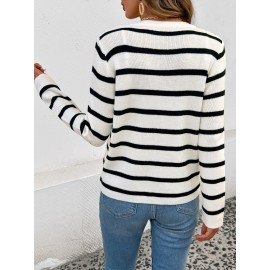 Casual Black White Striped round Neck Sweater Cardigan