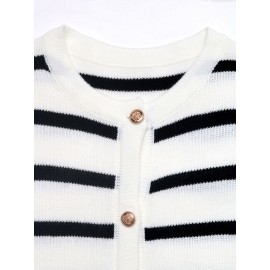 Casual Black White Striped round Neck Sweater Cardigan